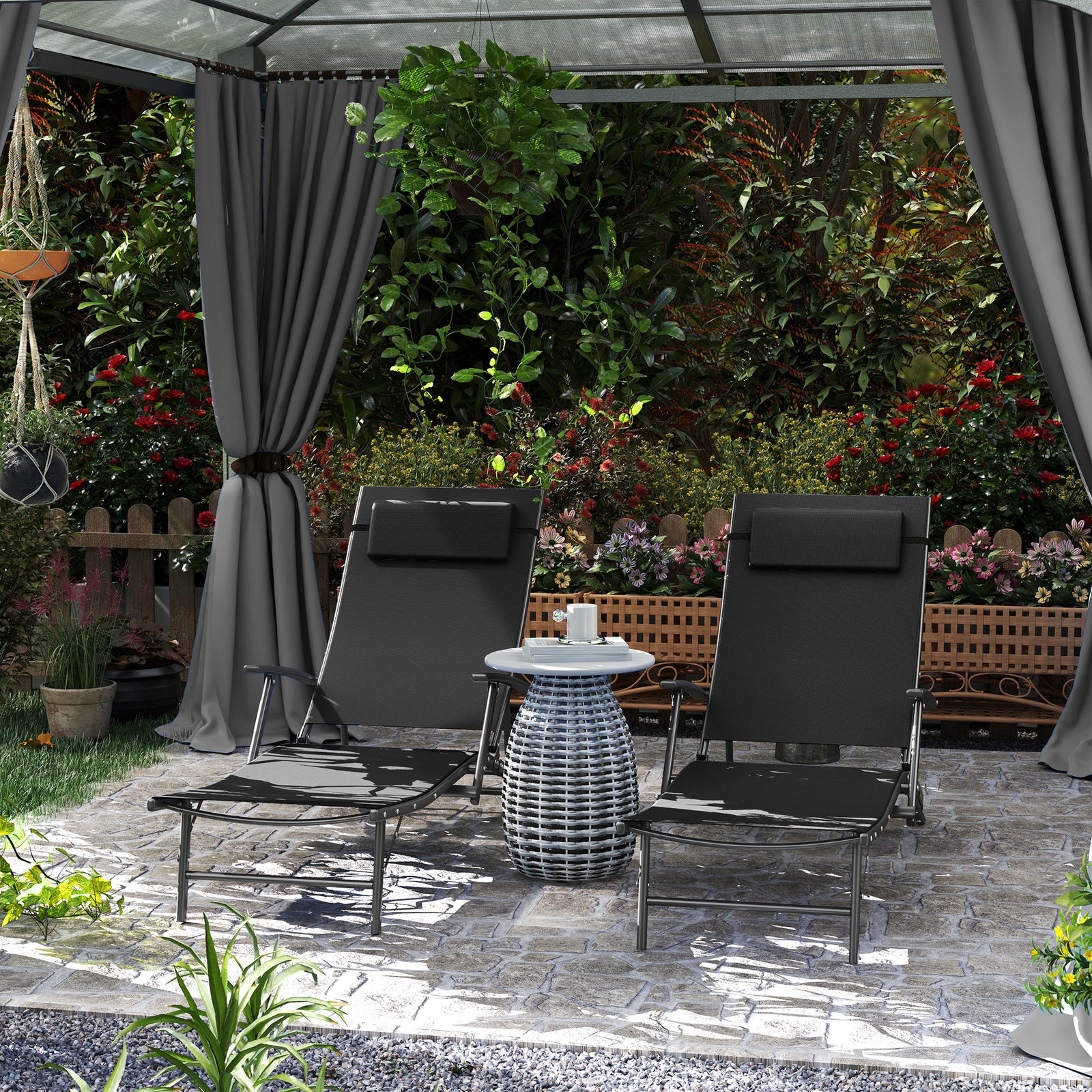 Set of Two Adjustable Back Sun Loungers - Black