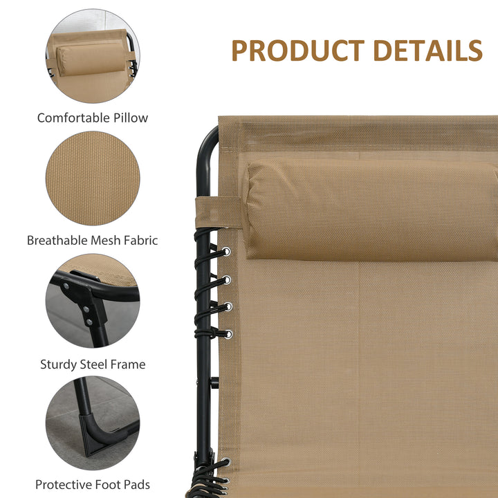 Portable Sun Lounger, Folding Camping Bed Cot, Reclining Lounge Chair 5-position Adjustable Backrest with Side Pocket, Pillow for Patio Garden Beach Pool, Beige