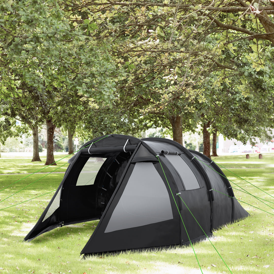 Outsunny Spacious Tunnel Tent for 3-4 Persons, Two-Room Camping Shelter with Windows, Ventilation Covers, Carry Bag, Black