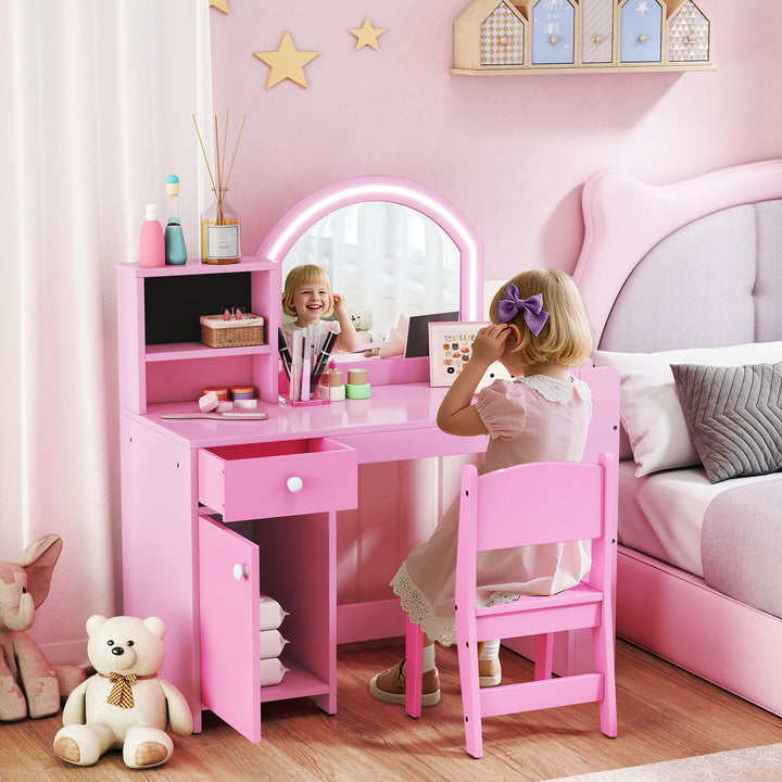 MCL Kids Vanity Table and Chair Set, Girls Dressing Table with 2-Colour LED Mirror, Stool, Cabinet, Drawer, Shelves, Pink