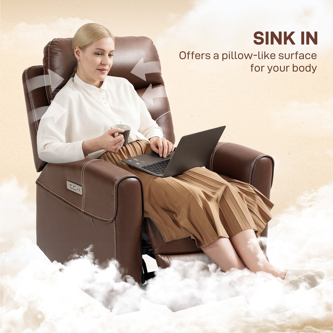 Power Lift Recliner Chair for Elderly, Overstuffed Faux Leather Riser and Reclining Chair with USB A+C Ports, Remote Control, Recliner Armchair for Living Room, Brown