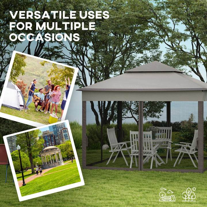 3.25 x 3.25m Pop Up Gazebo, Double-roof Garden Tent with Netting and Carry Bag, Party Event Shelter for Outdoor Patio, Brown and Grey