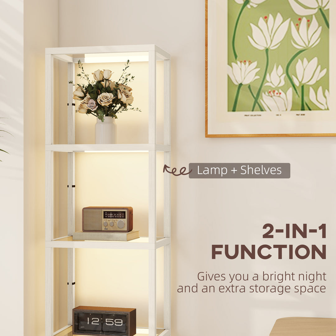LED Floor Lamp with Glass Shelves, 4 Layers Dimmable Tall Standing Lamp, Modern Column Shelf Floor Light for Living Room, Bedroom, Office, Oak