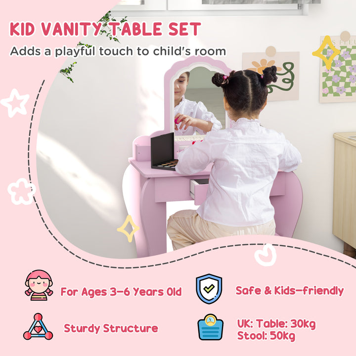 ZONEKIZ Child's Vanity Set with Cloud-Shaped Mirror, Stool, Drawer, and Storage Compartments, Pink | Aosom UK