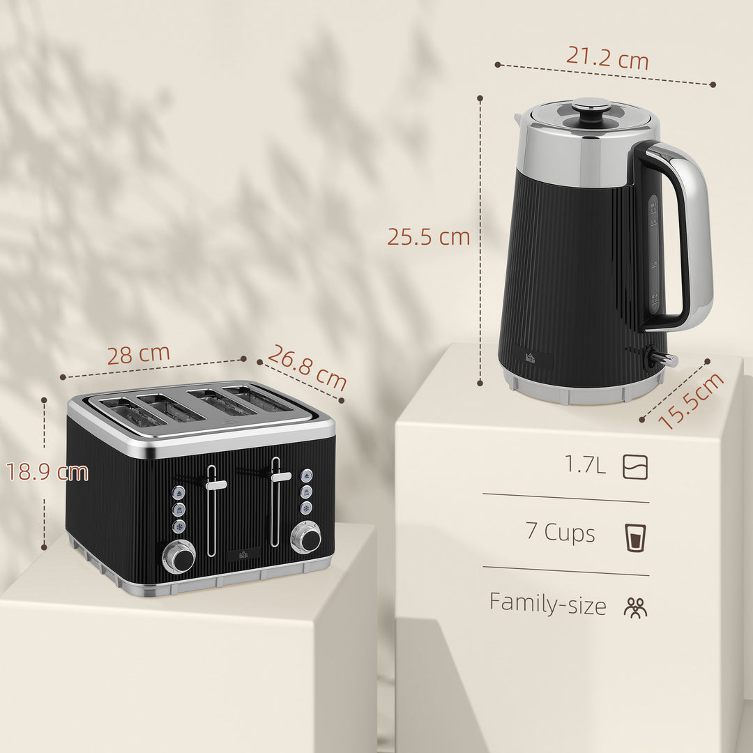 Electric Kettle and Toaster Set, 3000W 1.7L UK Strix Thermostat Rapid Boil Jug Kettle with Limescale Filter, Cool Touch Body, 4 Slice Toaster with 7 Browning Controls, Crumb Tray, Black