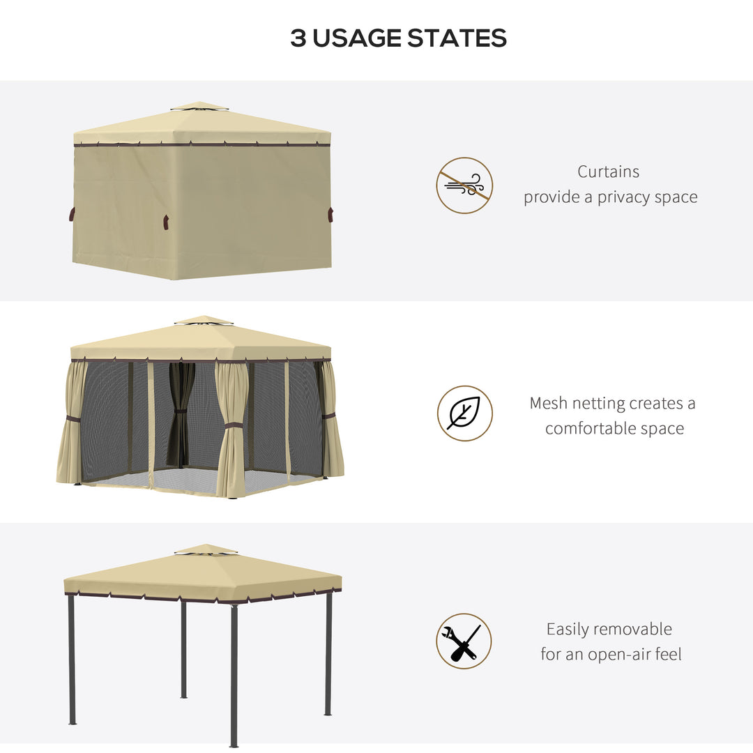 3 x 3(m) Patio Gazebo Canopy Garden Pavilion Tent Shelter with 2 Tier Water Repellent Roof, Mosquito Netting and Curtains, Aluminium Frame, Beige