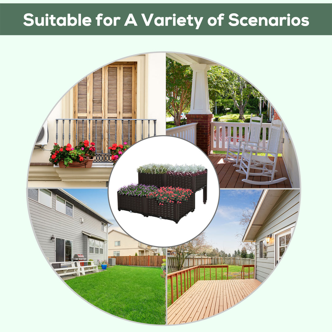 Set of 4 26L Garden Raised Bed Elevated Patio Flower Plant Planter Box PP Vegetables Planting Container, Brown
