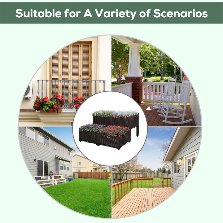 Set of 4 26L Garden Raised Bed Elevated Patio Flower Plant Planter Box PP Vegetables Planting Container, Brown