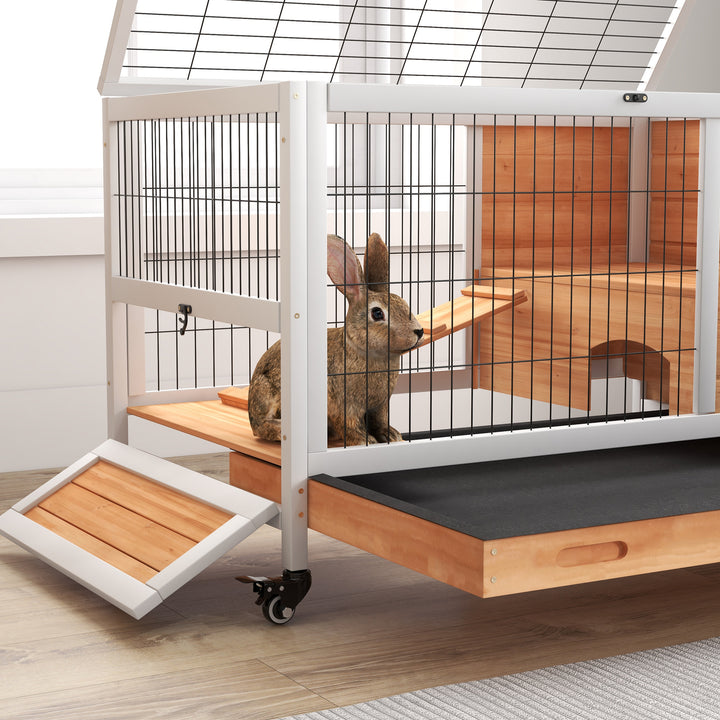 Wooden Guinea Pig Hutch, 2-Floor Bunny Cage w/ Enclosed Run Area, Yellow