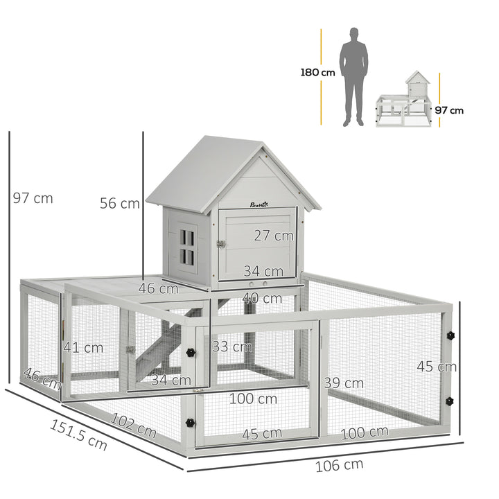 PawHut Wooden Rabbit Hutch with Extra Fenced Area, Large Guinea Pig Cage, Small Animal House for Indoor with Slide-out Tray, Light Grey