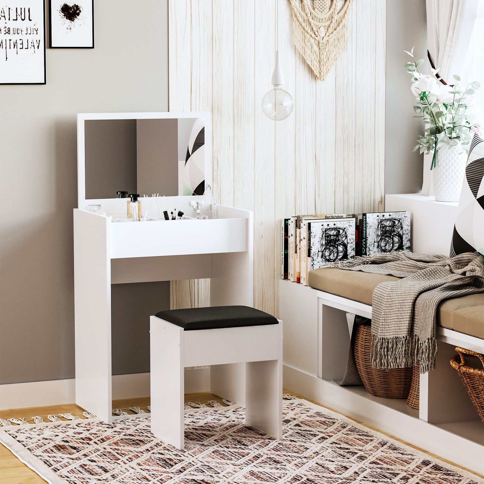 Dressing Table with Mirror and Stool, Vanity Makeup Table with Flip Up Mirror, Vanity Desk with Storage Unit and Padded Seat, White