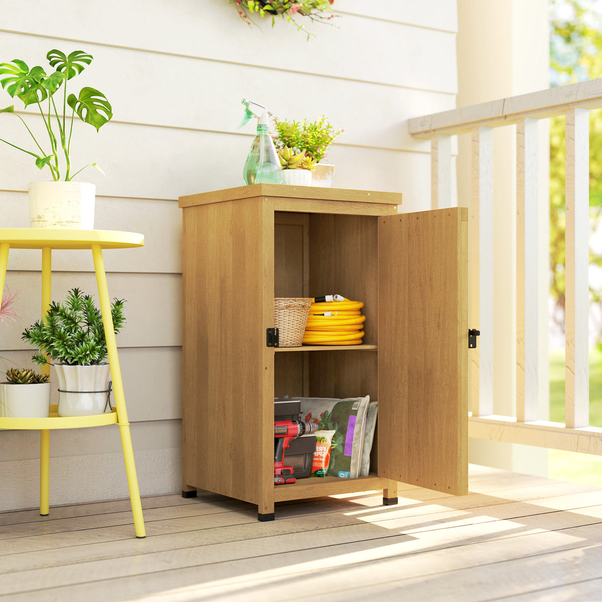 Wooden Garden Shed, Garden Tool Storage Shed with Metal Top and Shelf,