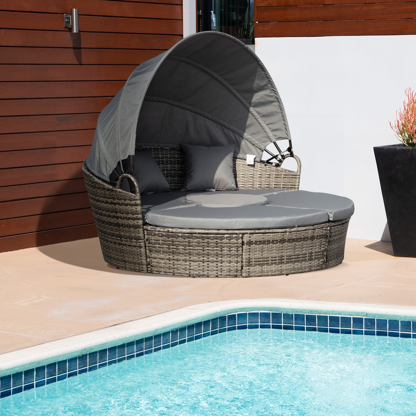 Outdoor PE Rattan Garden Furniture with Cushioned, Patio Wicker Conversation Furniture Set, Round Daybed with Retractable Canopy, Coffee Table and Three Pillows, Dark Grey