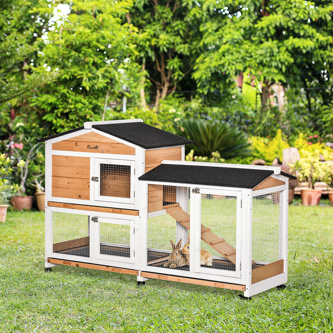 Rabbit Hutch Outdoor with Run Guinea Pig Hutch 2-Tier Bunny Cage w/ Wheels No-Leak Plastic Tray 157.4 x 53 x 99.5 cm - Yellow