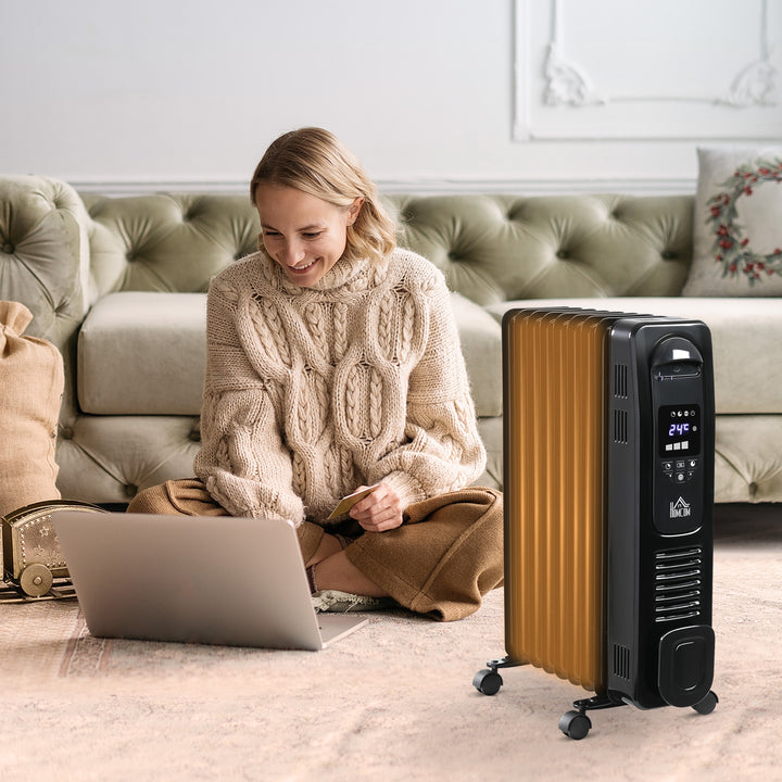 2000W Digital Oil Filled Radiator, 9 Fin, Portable Electric Heater with LED Display, Timer, 3 Heat Settings, Safety Cut-Off and Remote Control, Black
