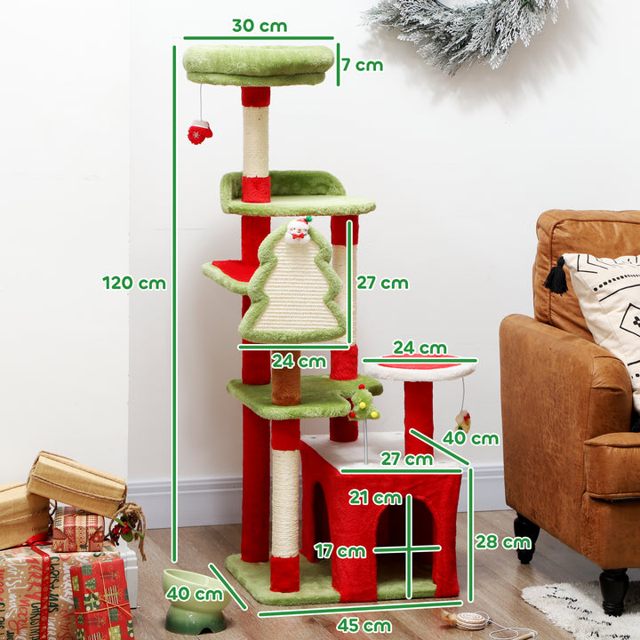 MCL Cat Tree, 120cm Christmas Cat Tower with 3 Scratching Posts, Scratching Board, 2 Perches, Platforms, Toys, Green