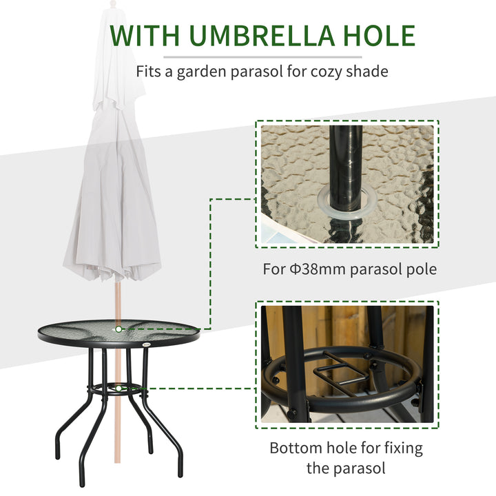 MCL Outdoor 80cm Round Dining Table Tempered Glass Top Steel Frame Bistro Coffee End Side Table Garden w/ Parasol Hole