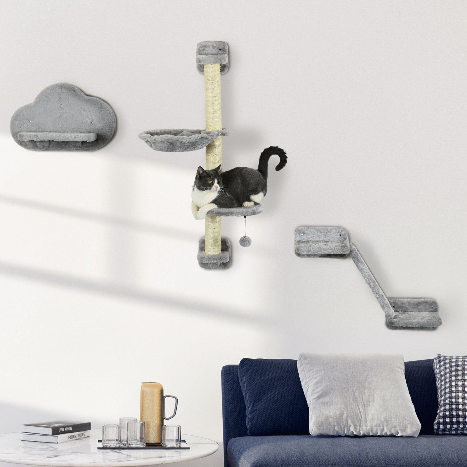 Three-Piece Wall-Mounted Cat Shelves, with Hammock, Ladder, Platforms, Scratching Post - Grey