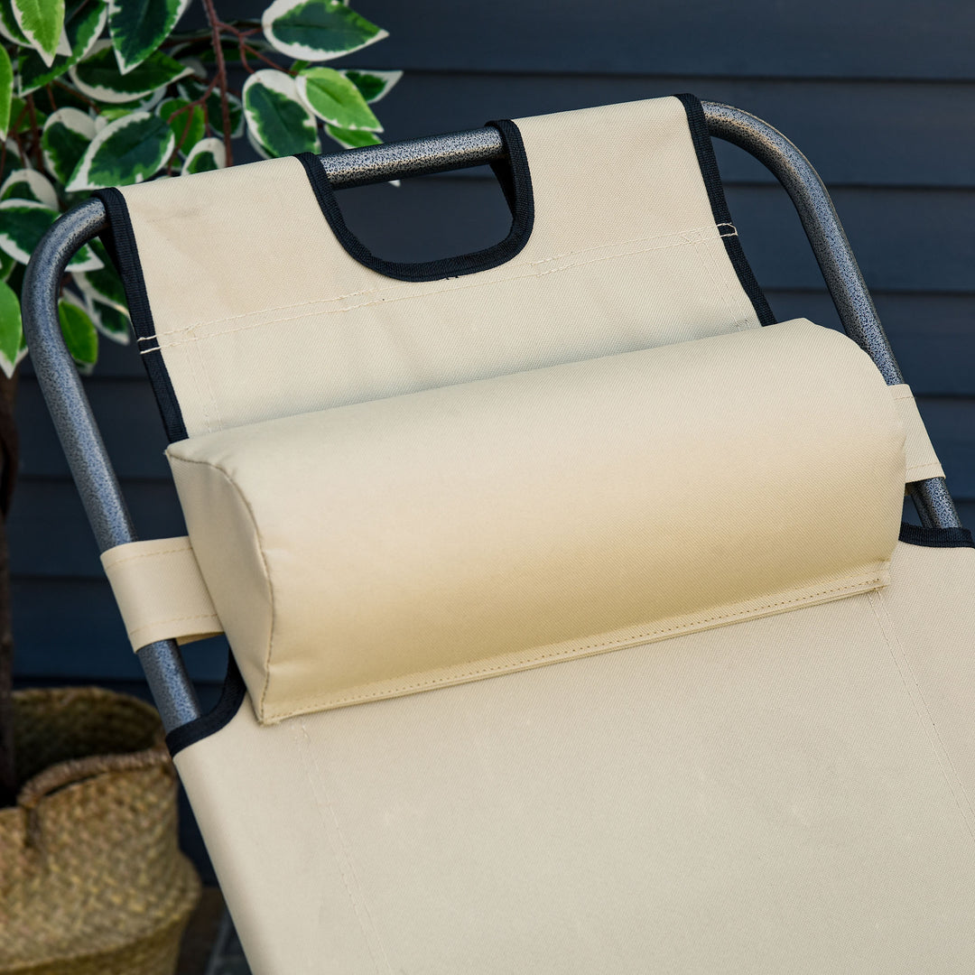 2 in 1 Folding Sun Lounger Reclining Garden Chair Set of 2 with 2-Level Adjustable Backrest, Outdoor Zero Gravity Recliner Garden Chairs with Head Pillow and Armrests, Beige