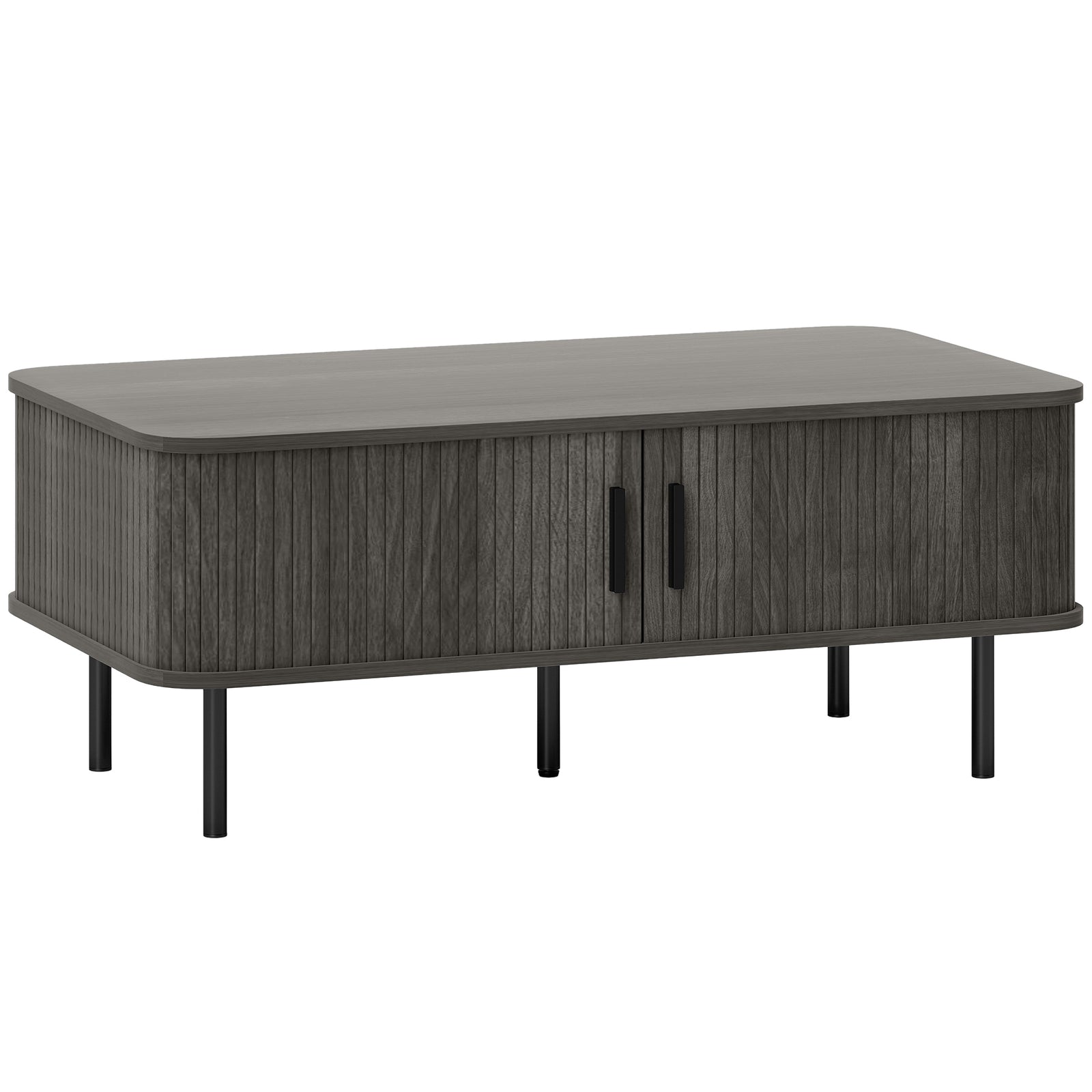 Coffee Table with Storage, Living Room Table with Slatted Tambour Sliding Doors and Foot Pads, Rectangular Coffee Table with Elevated Base for Living Room, Grey Wood-Effect
