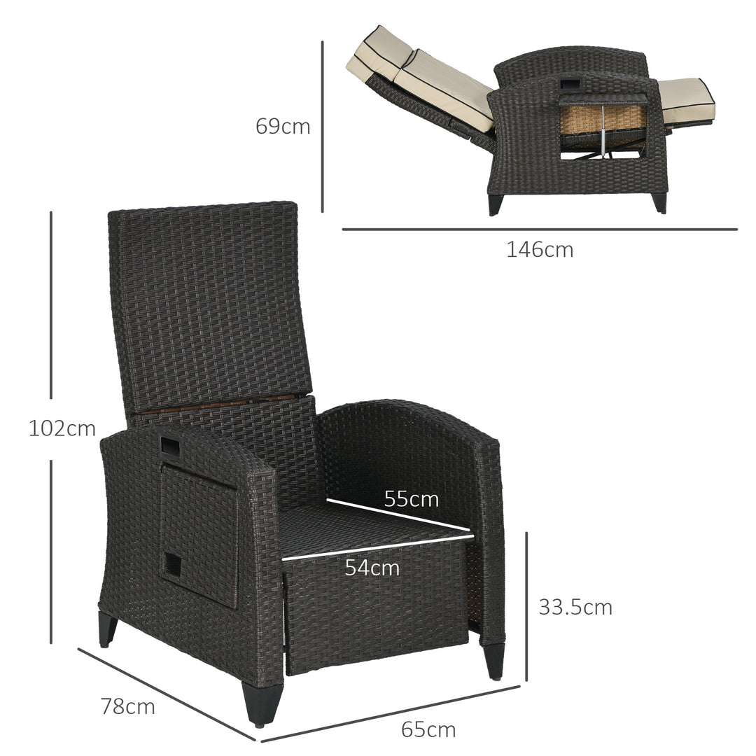 Outdoor Recliner Chair with Adjustable Backrest and Footrest, Cushion, Side Tray, Khaki/Brown