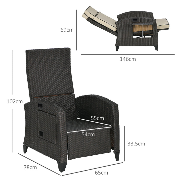 Outdoor Recliner Chair with Adjustable Backrest and Footrest, Cushion, Side Tray, Khaki/Brown