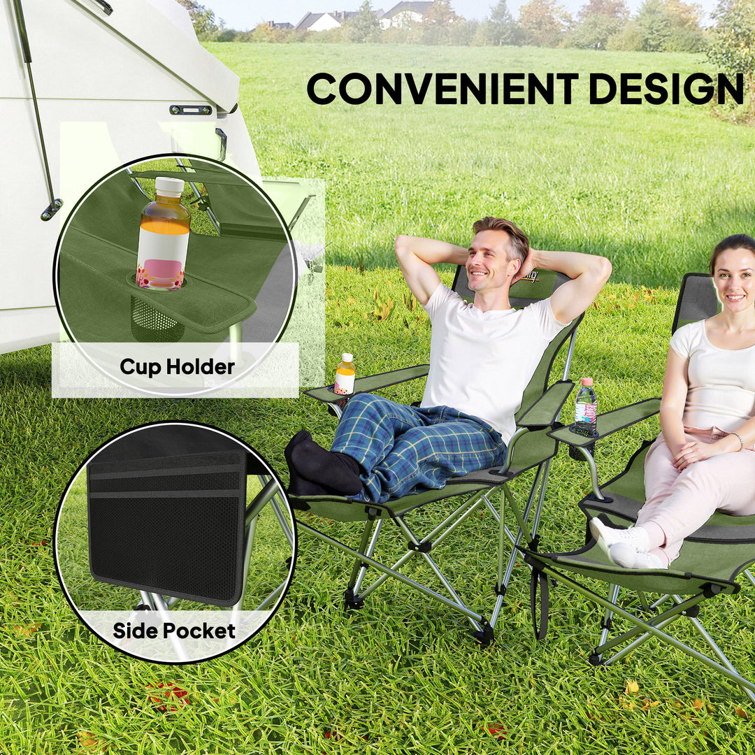 Set of 2 Reclining Folding Camping Chair w/ Detachable Footrest, Storage Bag, Cup Holder & Headrest, Lightweight Portable Camp Chair for Beach, Picnic, Olive Green and Grey