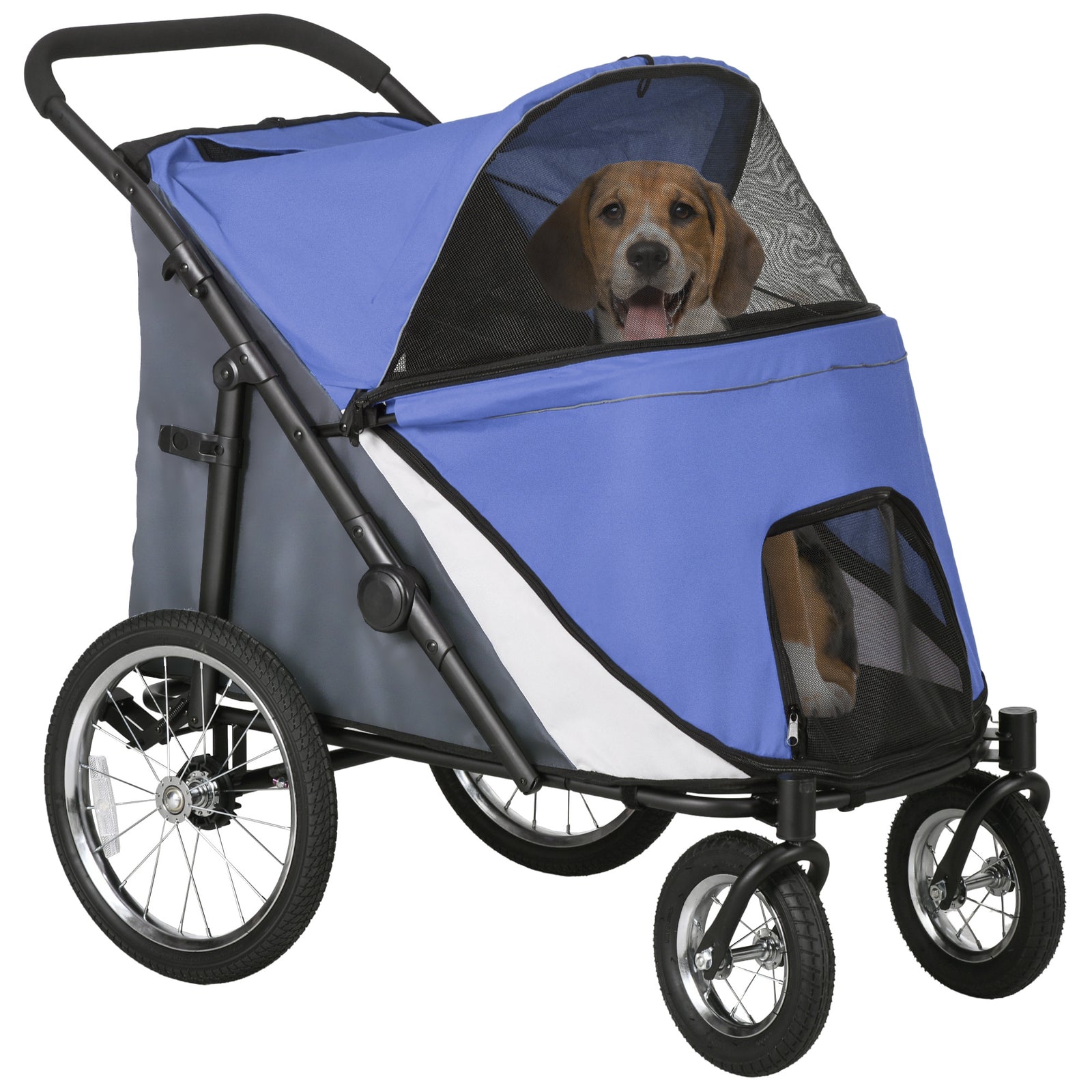 Foldable Pet Stroller, with Washable Cushion, Storage Bags, Safety Leash, for Medium, Large Dogs, Cats - Blue