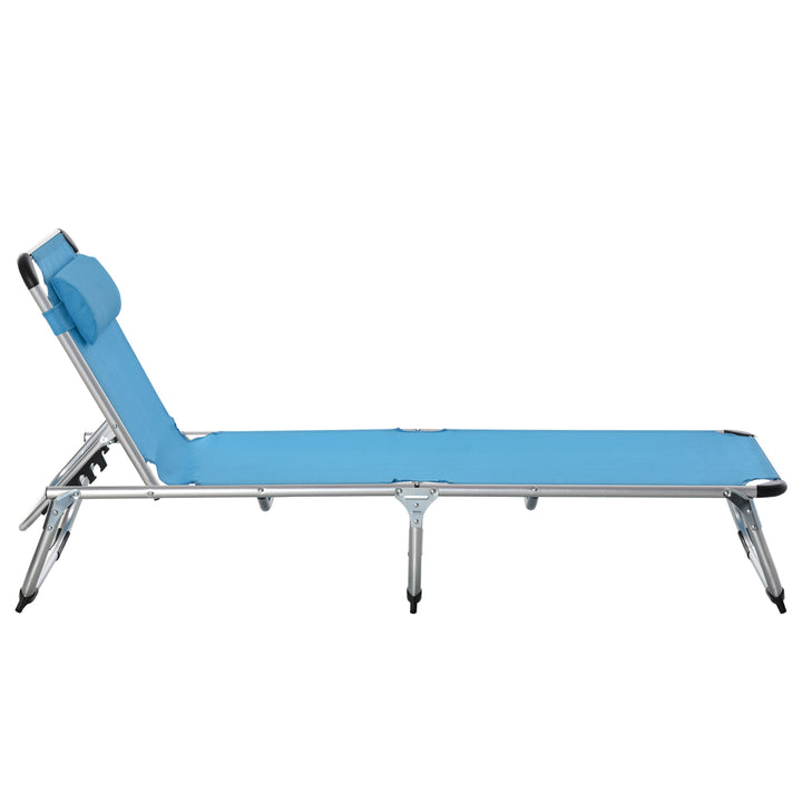Foldable Outdoor Sun Lounger, Reclining Lounge Chair Camping Bed Cot with Pillow 4-Level Adjustable Back Aluminium Frame, Blue