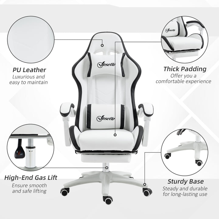 Vinsetto Racing Gaming Chair, Reclining PU Leather Computer Chair with 360 Degree Swivel Seat, Footrest, Removable Headrest White and Black