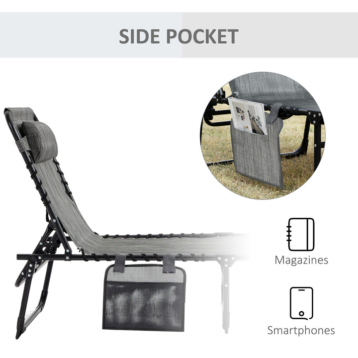 Portable Sun Lounger, Folding Camping Bed Cot, Reclining Lounge Chair 5-position Adjustable Backrest with Side Pocket, Pillow for Patio Garden Beach Pool, Mixed Grey