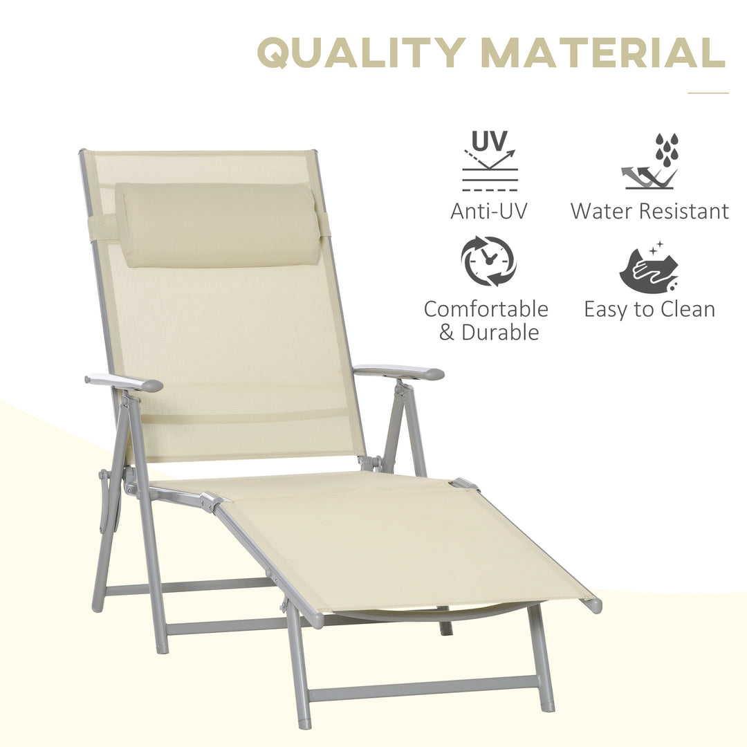MCL Steel Fabric Sun Lounger Outdoor Folding Chaise Lounge Chair Recliner with Portable Design & 7 Adjustable Backrest Positions - Beige