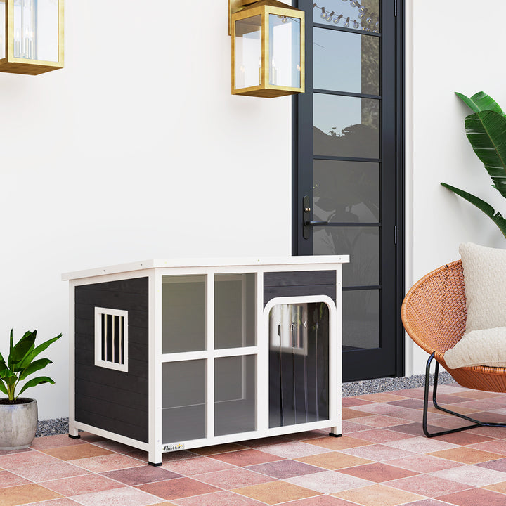 Wooden Outdoor Dog House, with Asphalt Openable Top, Removable Floor, Clear Front Panel, Curtain, 103 x 77 x 83cm