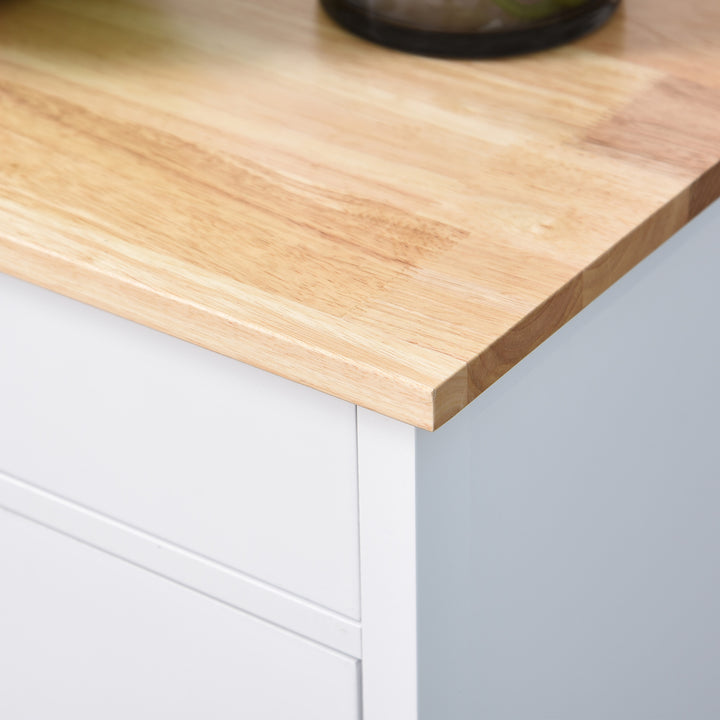 Kitchen Trolley, Kitchen Island on Wheels, w/ Wood Top, 3 Shelves and Storage Cupboard, White