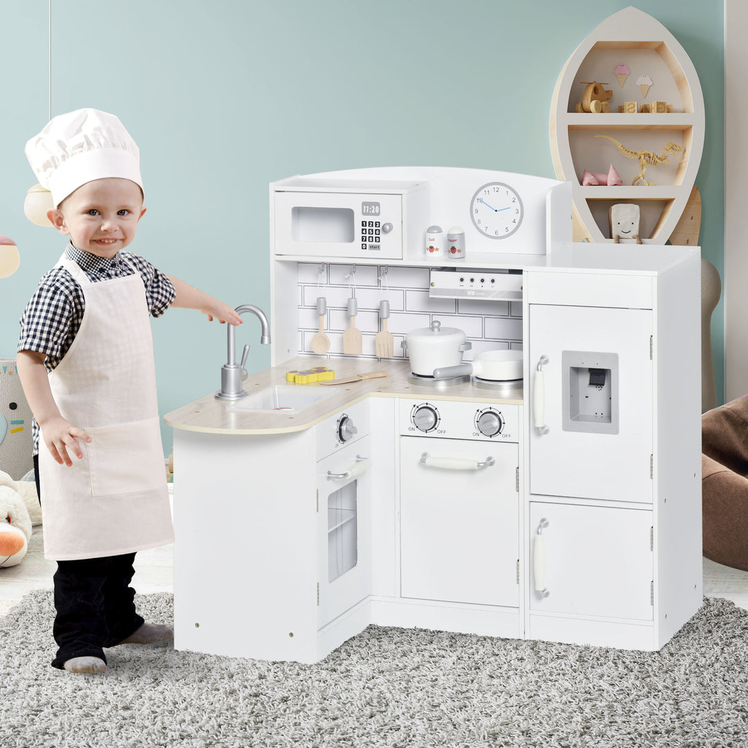 HOMCOM Kids Play Kitchen Wooden Toy Kitchen Cooking Set for Children with Drinking Fountain, Microwave, and Fridge White | Aosom UK