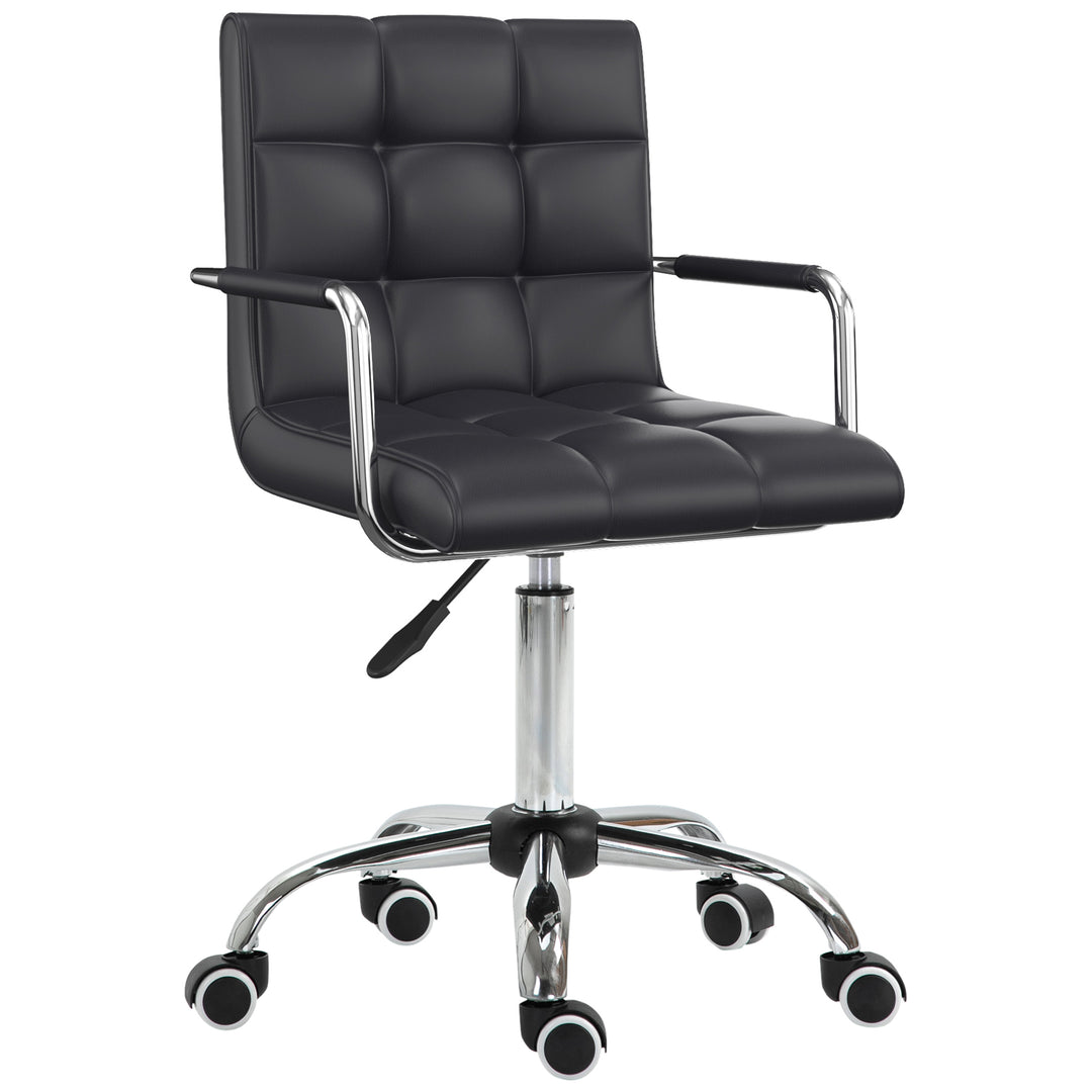 Office Chair, Makeup Vanity Chair, Mid Back Computer Chair, PU Leather Swivel Study Chair with Adjustable Height, Armrest and Rolling Wheels, Black