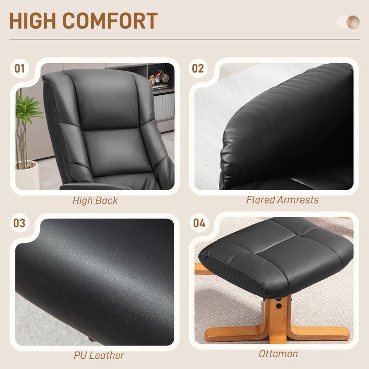 HOMCOM Rocking Recliner Chair with Footstool, PU Leather Recliner Armchair with Wood Base, Upholstered Reclining Chair for Living Room Bedroom, Black