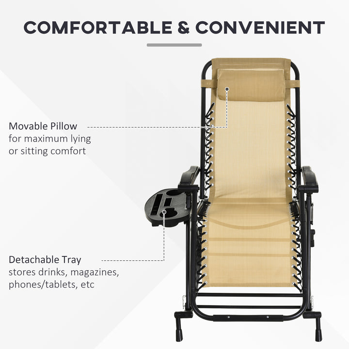 Garden Rocking Chair Folding Recliner Outdoor Adjustable Sun Lounger Rocker Zero-Gravity Seat with Headrest Side Holder Patio Deck - Beige