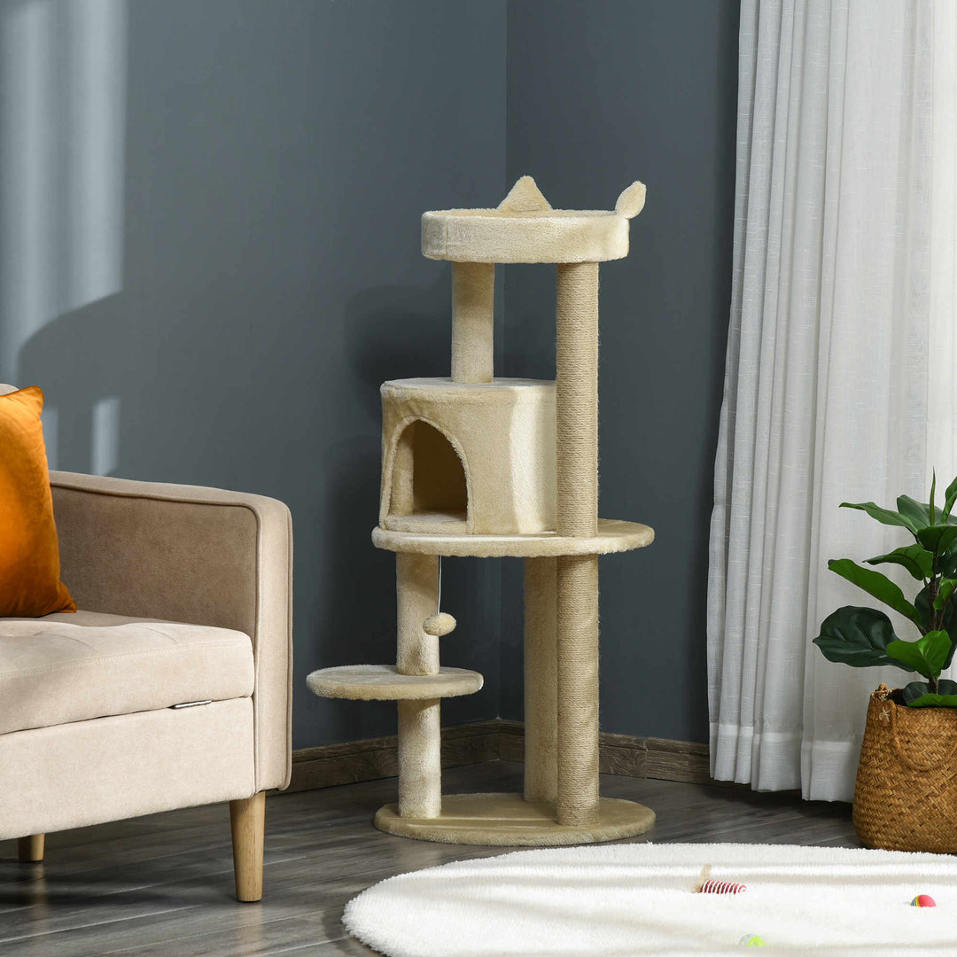 PawHut Sisal-Covered Cat Tree Tower, Pet Activity Centre with Scratching Post, Cosy Perch, Beige, 48 x 48 x 104cm | Aosom UK