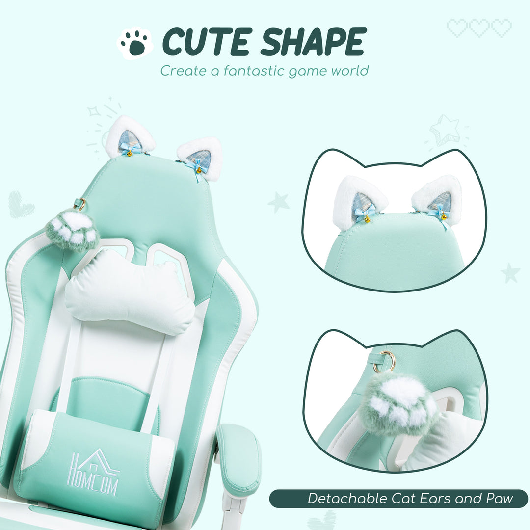 Cat Ear and Paw Reclining Office Chair, with Footrest - Light Blue/White
