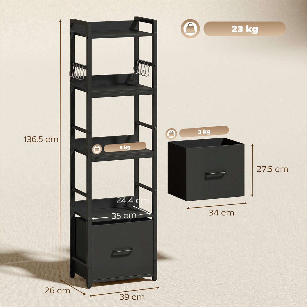 4-Tier Bookshelf, Narrow Bookcase with Drawer, 8 Hooks, Metal Frame, B