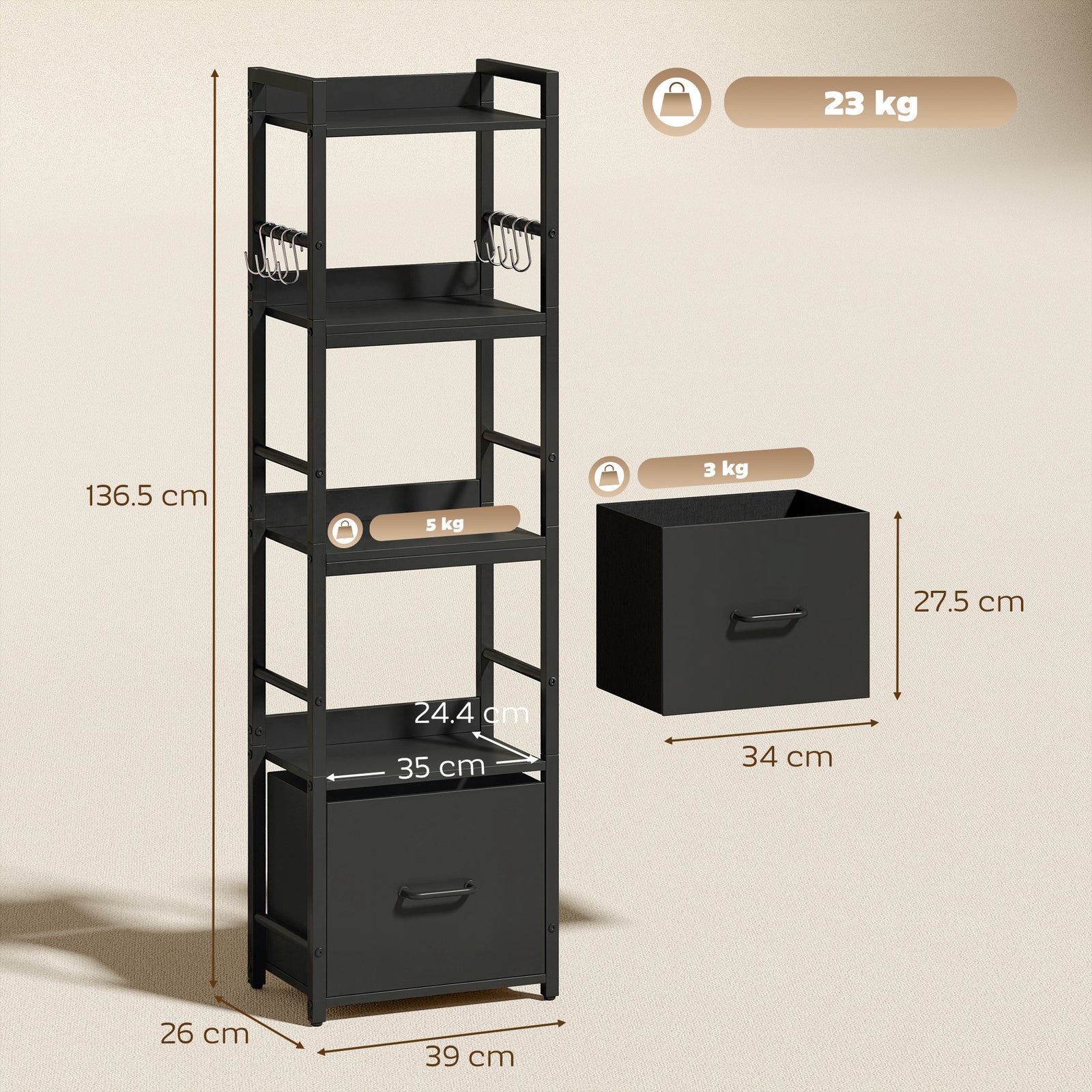 4-Tier Bookshelf, Narrow Bookcase with Drawer, 8 Hooks, Metal Frame, B