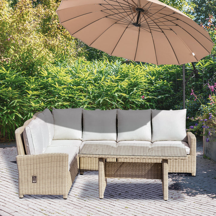 5 PCS Reclining PE Rattan Garden Dining Set Bonzer Patio Furniture w/ Sofa Chairs Glass Table, Olefin Cushions Adjustable Feet Stylish Lounge Conversation