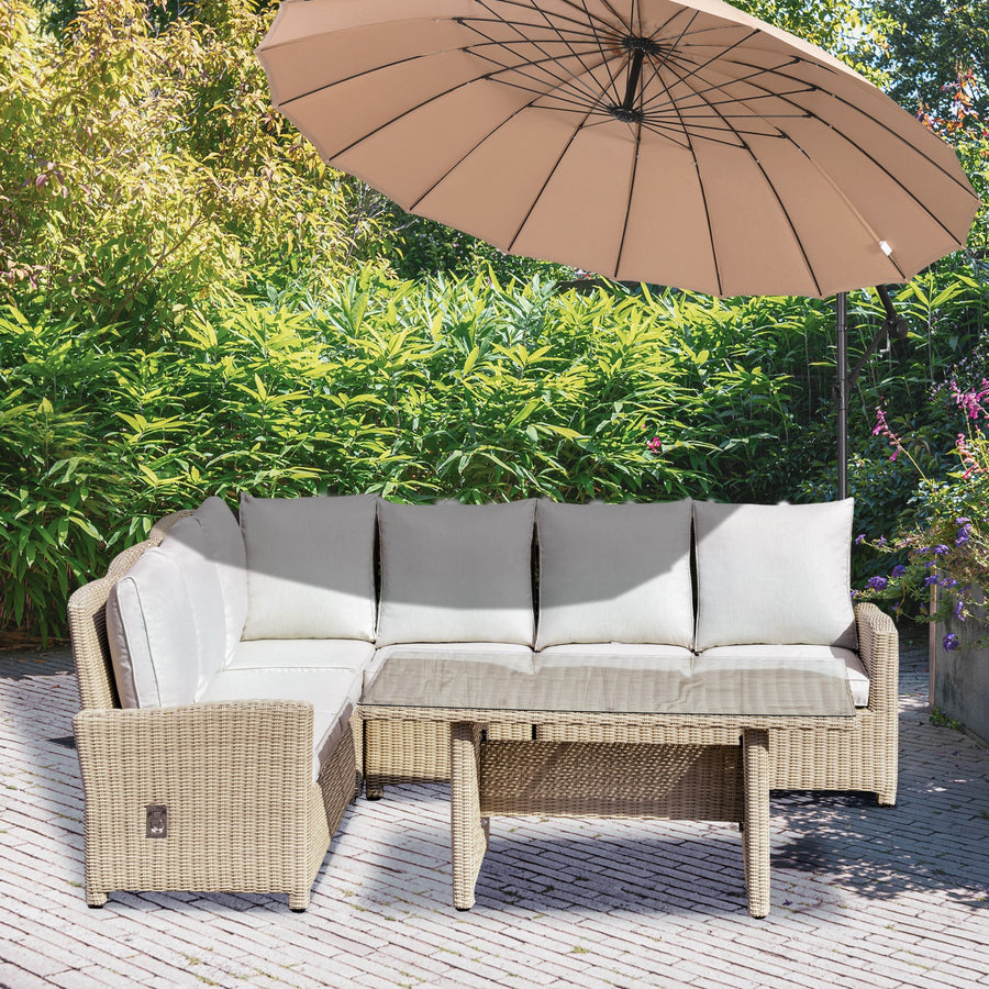 5 PCS Reclining PE Rattan Garden Dining Set Bonzer Patio Furniture w/ Sofa Chairs Glass Table, Olefin Cushions Adjustable Feet Stylish Lounge Conversation