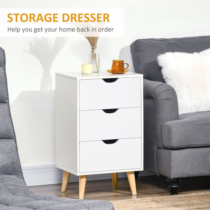 Bedside Table, Bedside Cabinet with 3 Drawers, Small Side Table with Wood Legs and Cut-out Handles for Bedroom, Cream White