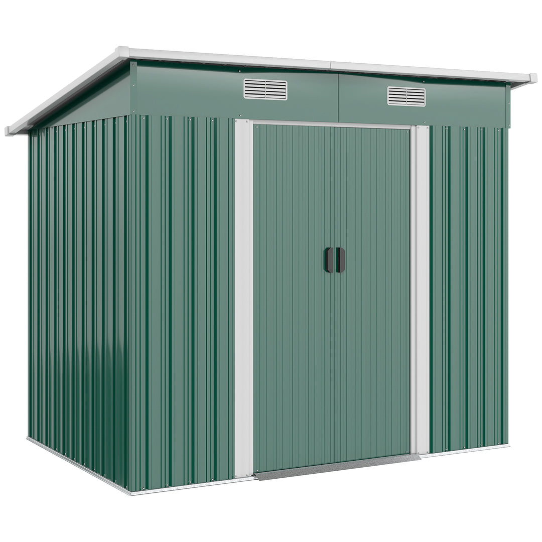 7 x 4ft Outdoor Storage Shed with Foundation Kit, Lean to Metal Garden Shed for Log, Rubbish Bin, Tool, Lawnmower, Bike, Patio and Lawn Use, Green