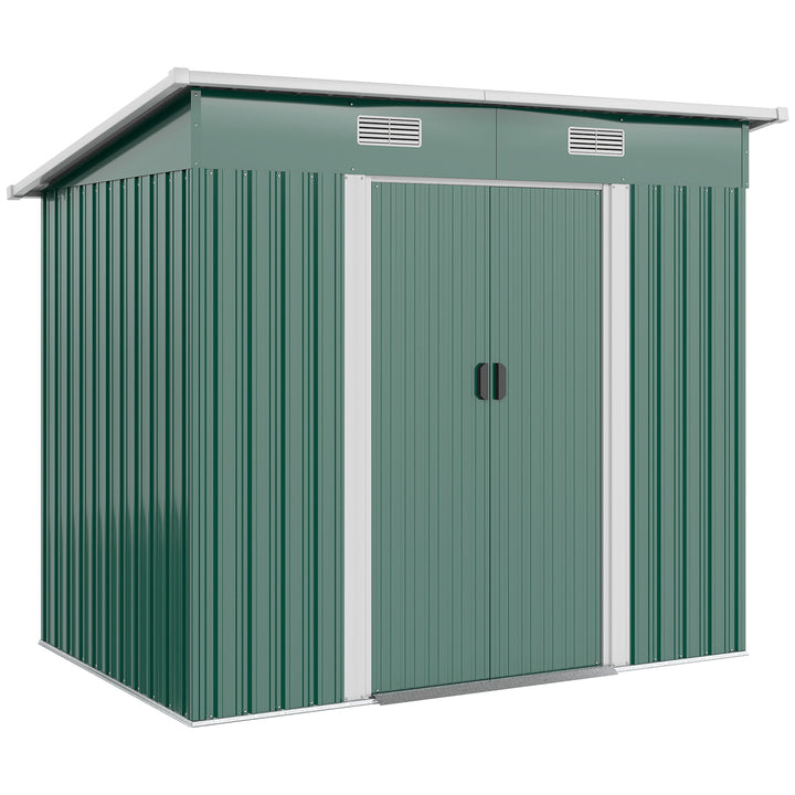 7 x 4ft Outdoor Storage Shed with Foundation Kit, Lean to Metal Garden Shed for Log, Rubbish Bin, Tool, Lawnmower, Bike, Patio and Lawn Use, Green