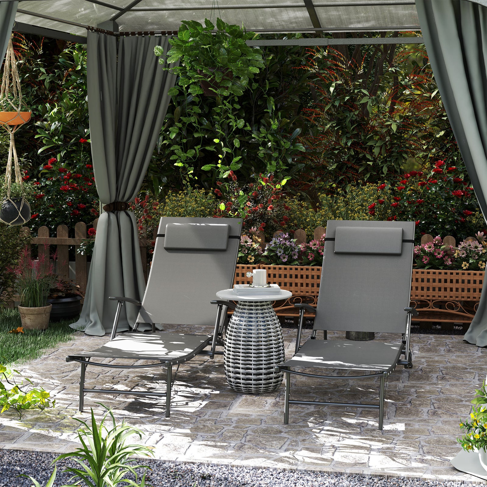 Set of Two Adjustable Back Sun Loungers - Grey