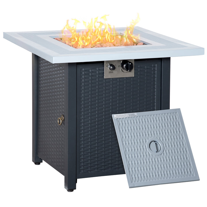 Outsunny Square Propane Gas Fire Pit Table, 40000 BTU Rattan Smokeless Firepit Patio Heater w/ Lava Rocks & Lid, 71cm x 71cm x 62cm, Black | Aosom UK