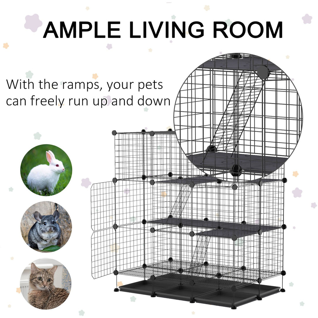 Pawhut 3 Level DIY Pet Playpen Metal Small Animal Cage Guinea Pig Rabbit Ferret Chinchillas Cage 4 Doors Bottom Trays Black | Aosom UK